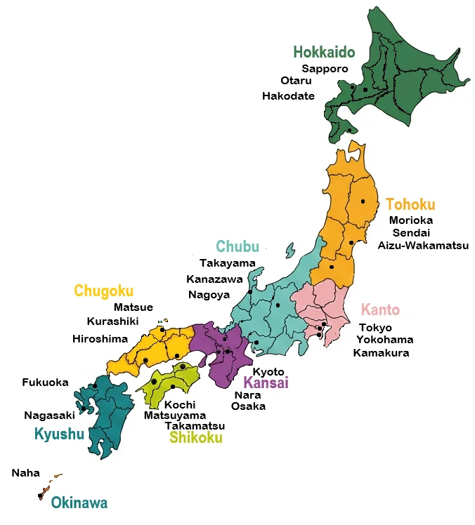 Map of Japan showing major regions